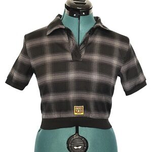 County FB Girl Polo Shirt Womens Small Black Gray Plaid Cropped Flannel Stretch‎